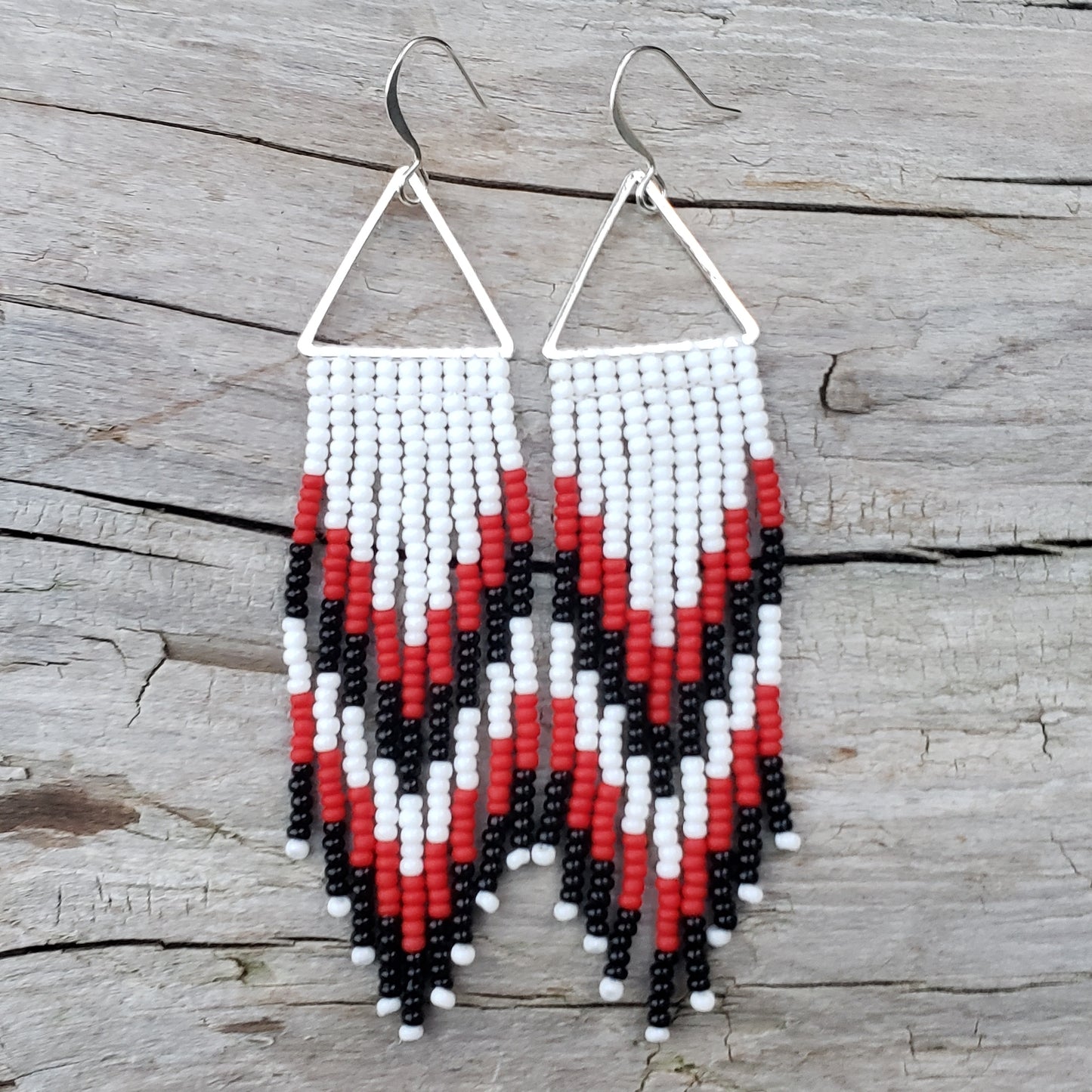 White, Red and Black Beaded Fringe Earrings