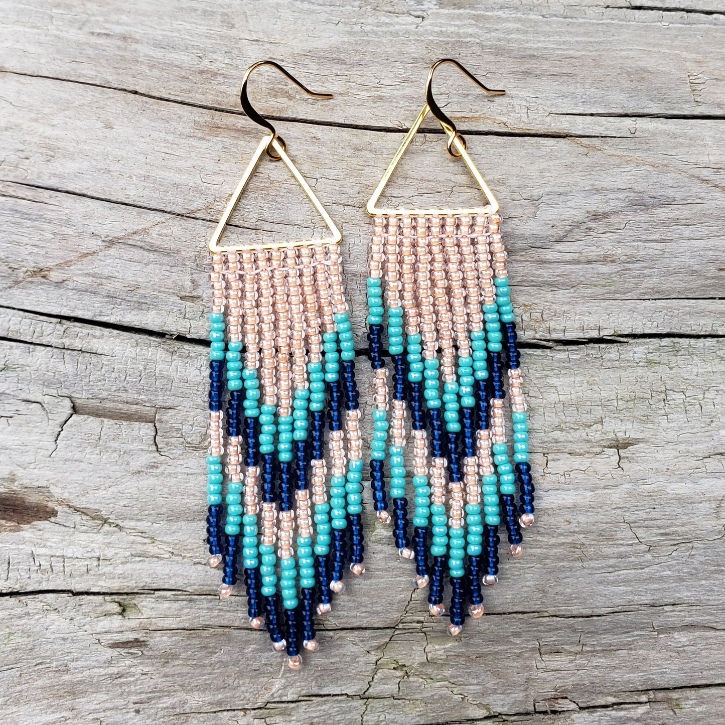 Light Peach, Turquoise and Navy Blue Beaded Fringe Earrings