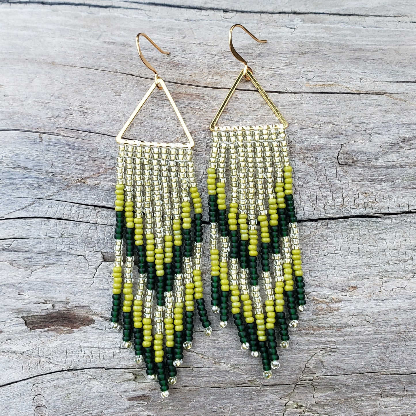 Green Chevron Beaded Fringe Earrings