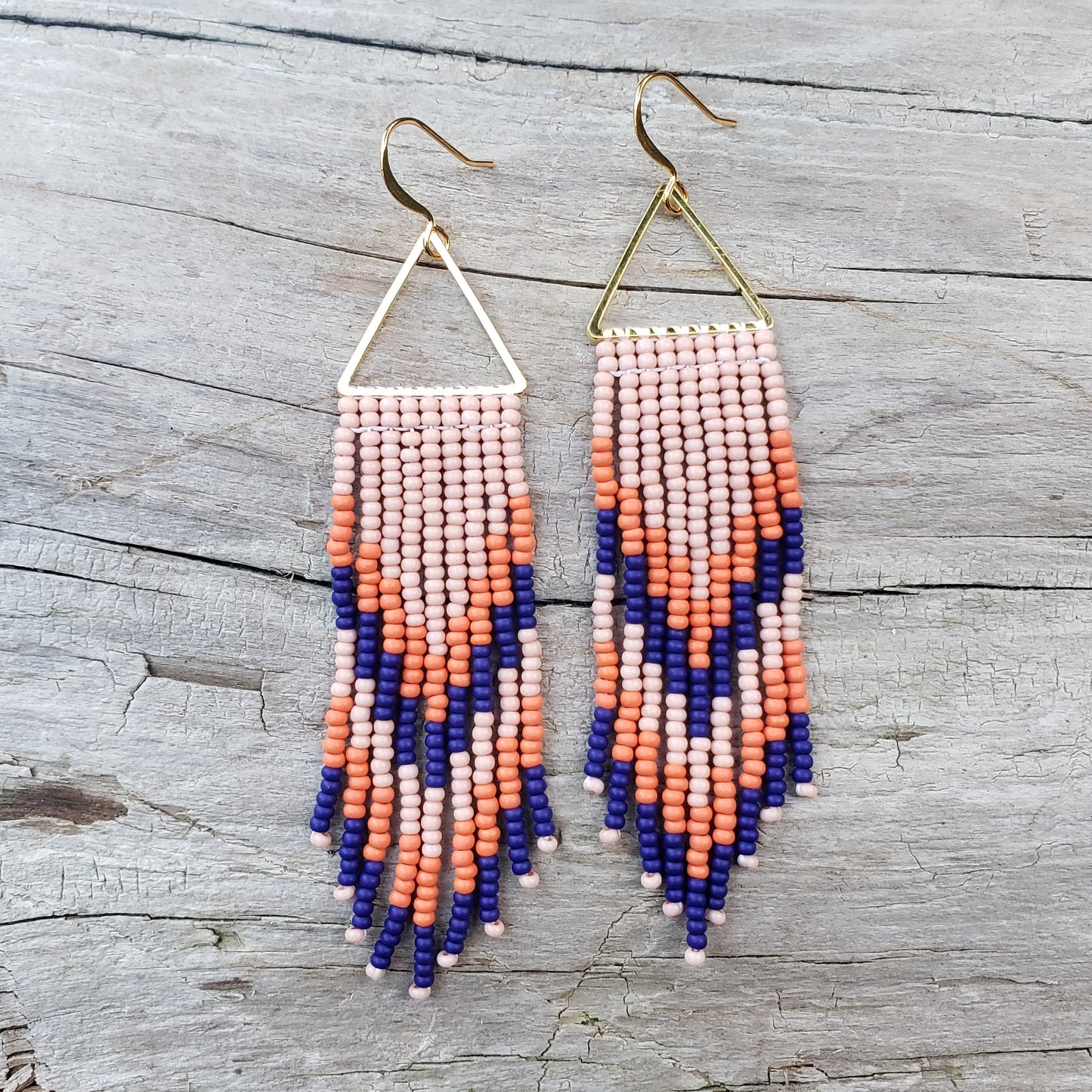 Peach, Orange and Navy Blue Beaded Fringe Earrings