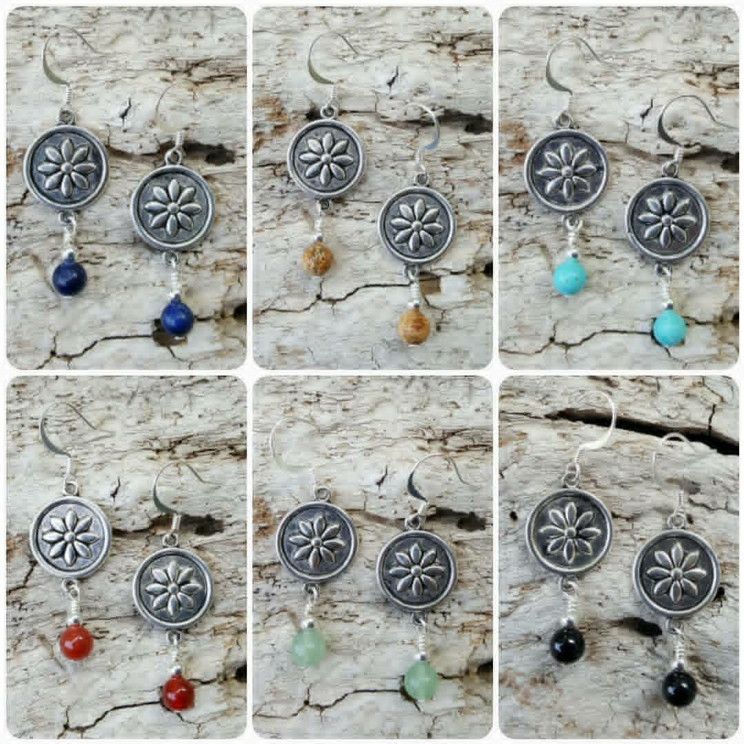 Flower Disk with Semi-precious Stone Bead Earrings
