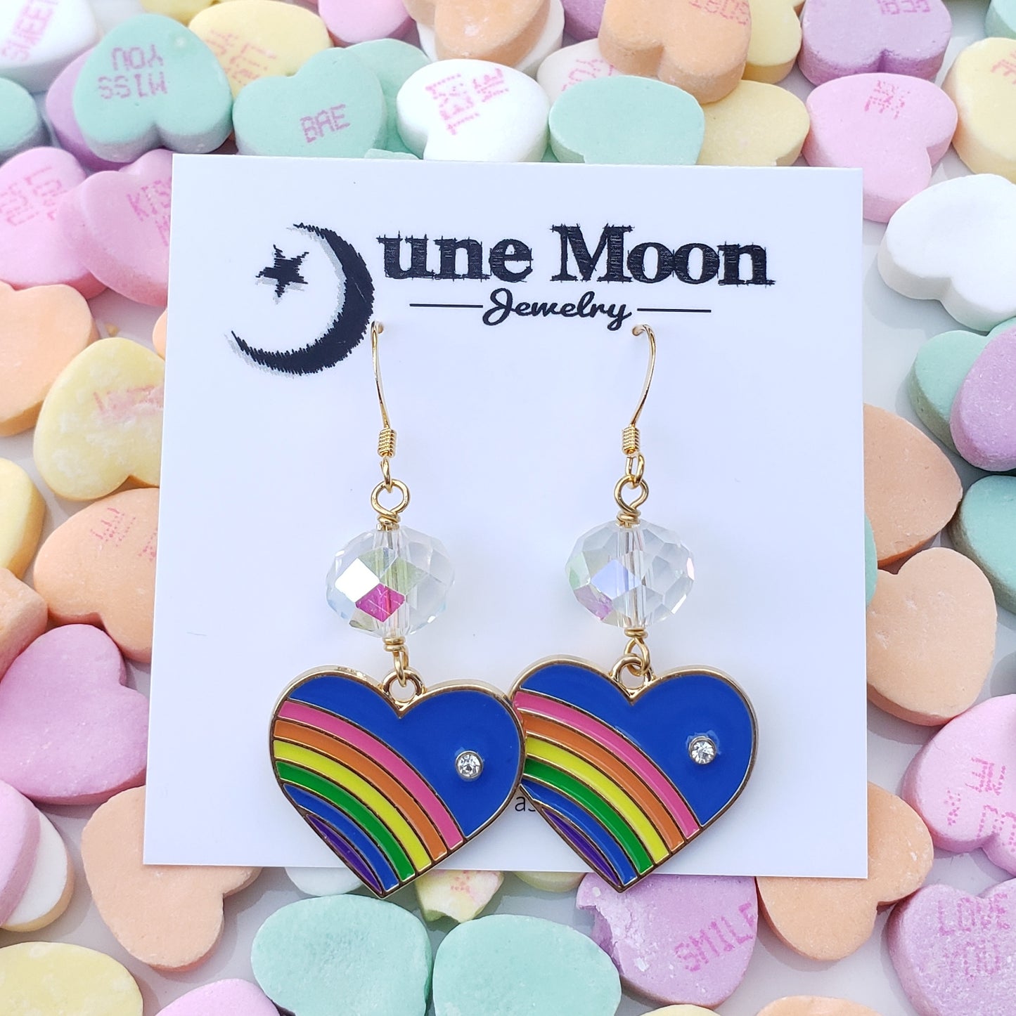 Dark Blue Rainbow Heart Earrings