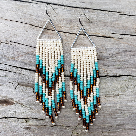 Ivory, Turquoise and Silver lined Chocolate Beaded Fringe Earrings