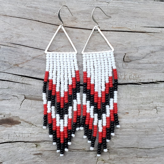 White, Red and Black Beaded Fringe Earrings