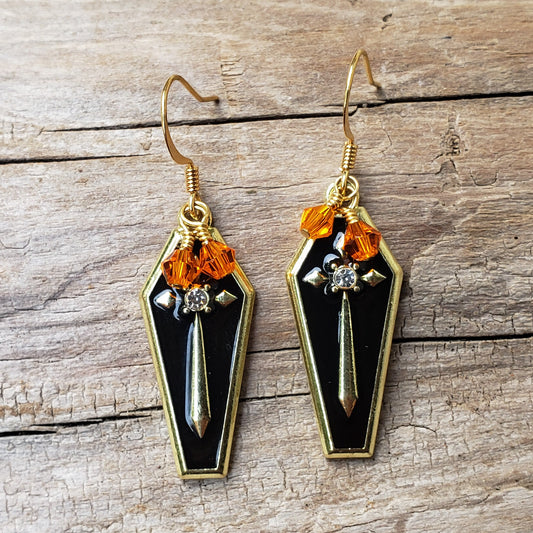 Black Coffin with Gold Cross Earrings