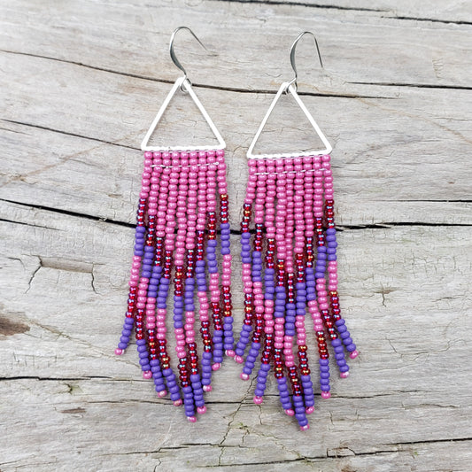 Pink and Purple Beaded Fringe Earrings
