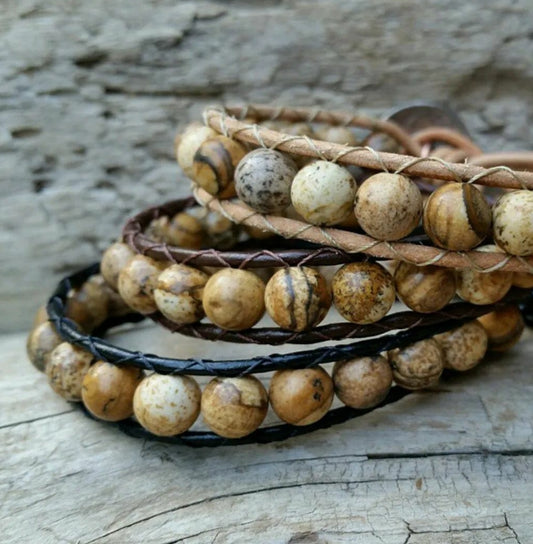 Picture Jasper Leather and Stone Bracelet
