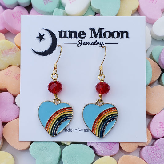 Turquoise rainbow heart earrings with Red Crystal accents