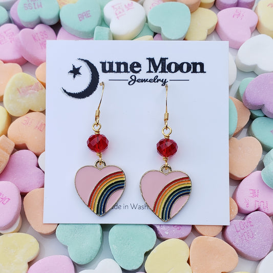 Pink Heart Rainbow earrings with Red Crystal Accents
