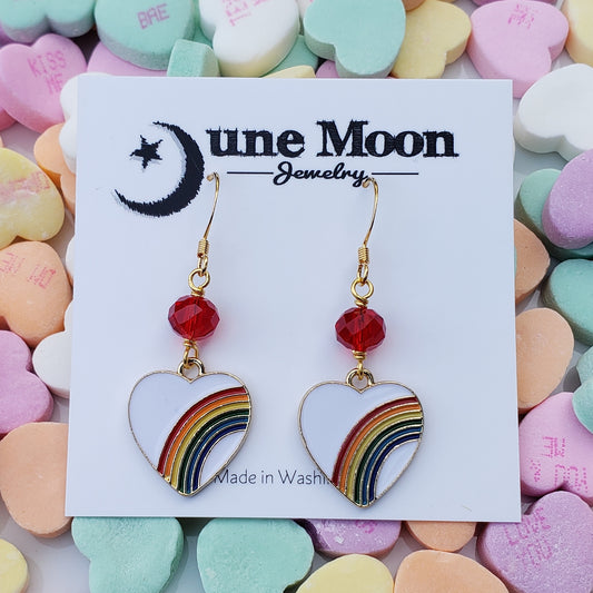 White Heart Rainbow Earrings with Red Crystal Accents