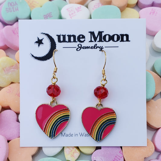 Dark Pink Heart Rainbow Earrings with Red Crystal Accents