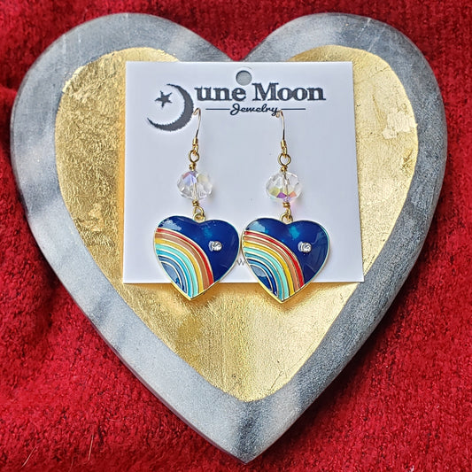 Metallic Blue Rainbow Heart Earrings
