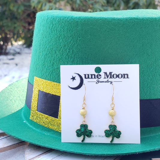 Green Glitter Clover Earrings