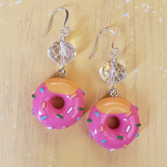 Dark Pink Icing with Sprinkles Donut Earrings